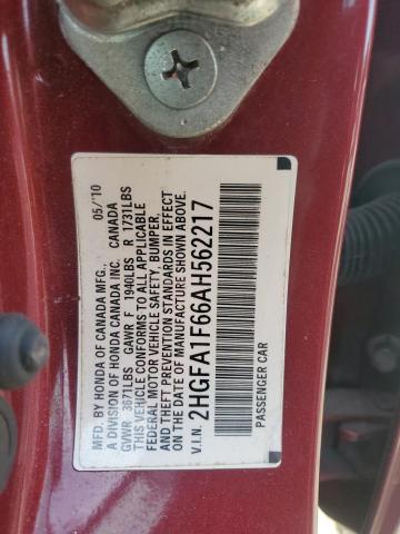 2HGFA1F66AH562217 - 2010 HONDA CIVIC LX-S BURGUNDY photo 12