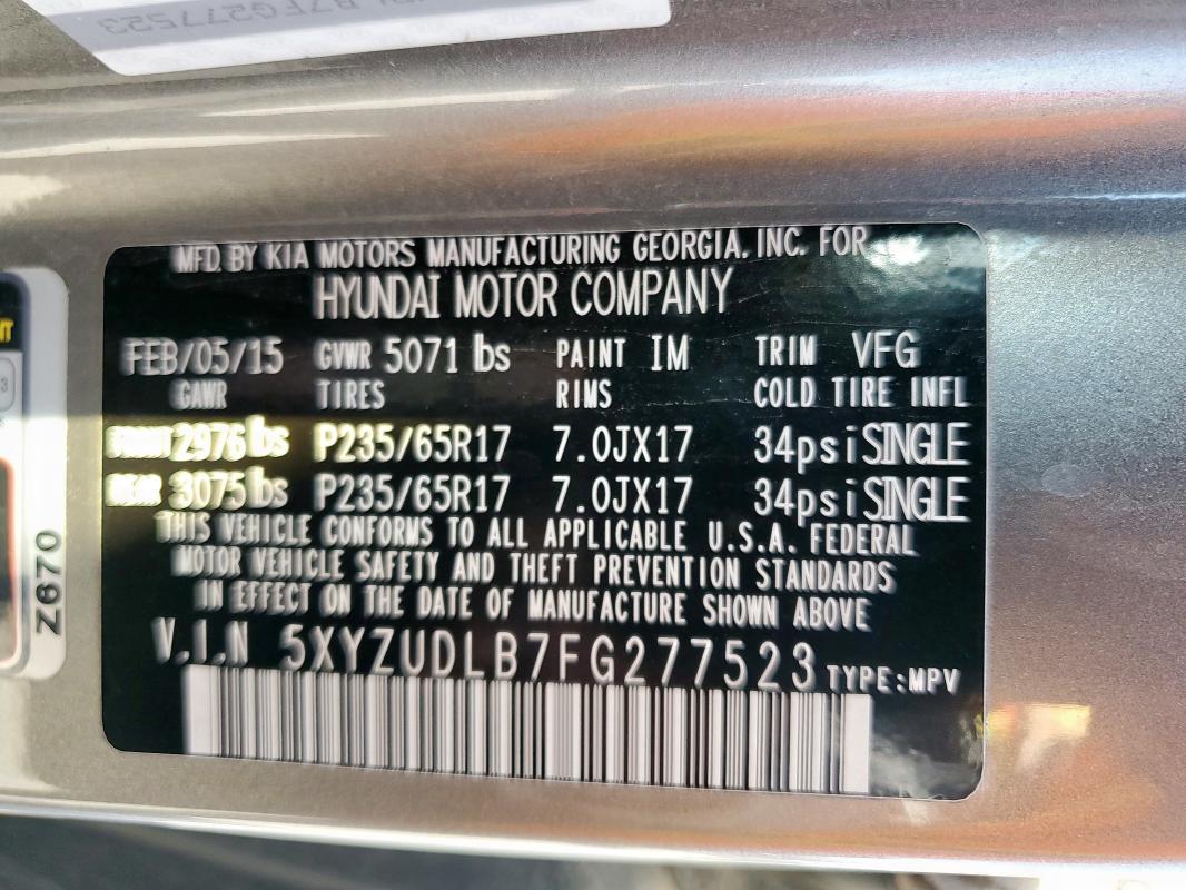 5XYZUDLB7FG277523 - 2015 HYUNDAI SANTA FE S GRAY photo 13