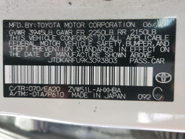 JTDKARFU9K3093803 - 2019 TOYOTA PRIUS WHITE photo 12