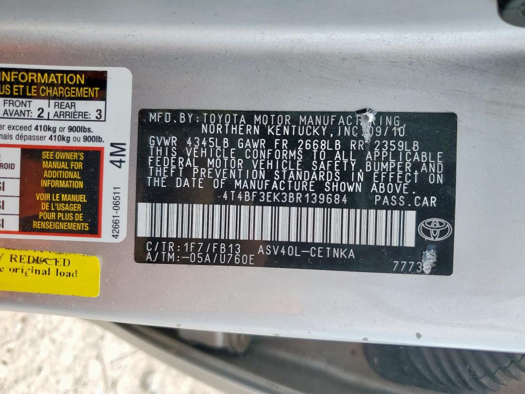 4T4BF3EK3BR139684 - 2011 TOYOTA CAMRY BASE 银色 照片 12