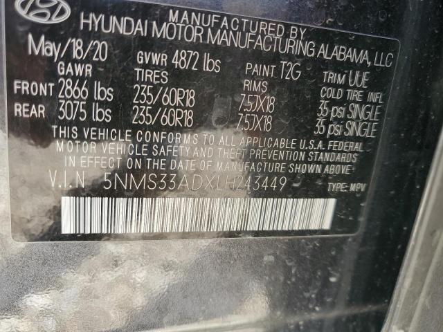 5NMS33ADXLH243449 - 2020 HYUNDAI SANTA FE SEL CHARCOAL photo 13