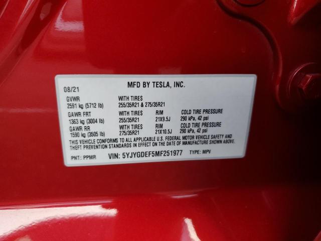 5YJYGDEF5MF251977 - 2021 TESLA MODEL Y RED photo 12