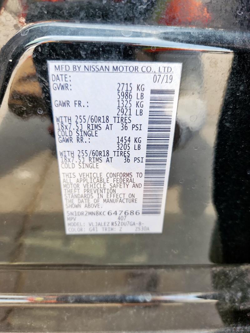 5N1DR2MN8KC647686 - 2019 NISSAN PATHFINDER S BLACK photo 13