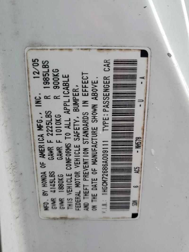 1HGCM72686A009111 - 2006 HONDA ACCORD EX WHITE photo 12