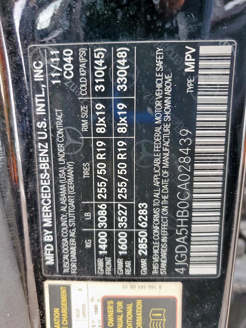 4JGDA5HB0CA028439 - 2012 MERCEDES-BENZ ML 350 4MATIC BLACK photo 12