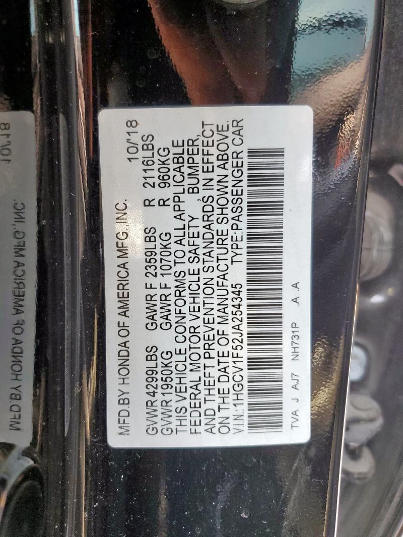 1HGCV1F52JA254345 - 2018 HONDA ACCORD EXL 黑色 照片 12