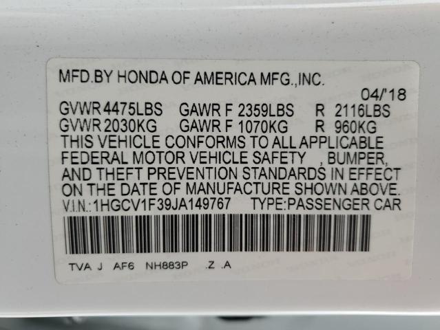 1HGCV1F39JA149767 - 2018 HONDA ACCORD SPORT WHITE photo 12