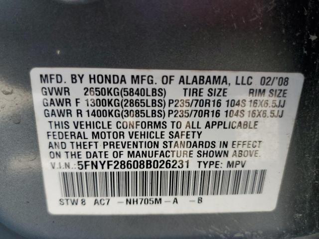 5FNYF28608B026231 - 2008 HONDA PILOT EXL GRAY photo 13