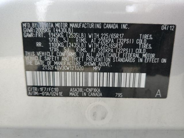 2T3ZF4DV3CW121320 - 2012 TOYOTA RAV4 ვერცხლისფერი ფოტო 13