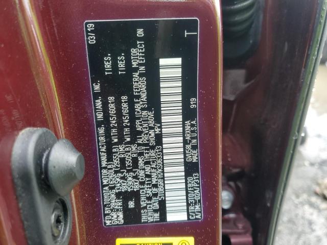 5TDBGRFH7KS063313 - 2019 TOYOTA HIGHLANDER HYBRID BURGUNDY photo 13