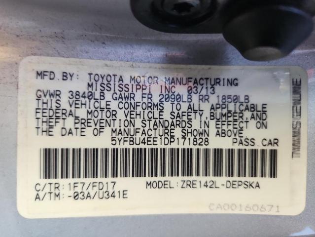 5YFBU4EE1DP171828 - 2013 TOYOTA COROLLA BASE Silber Foto 12