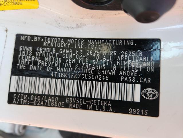 4T1BK1FK7CU500246 - 2012 TOYOTA CAMRY SE WHITE photo 12