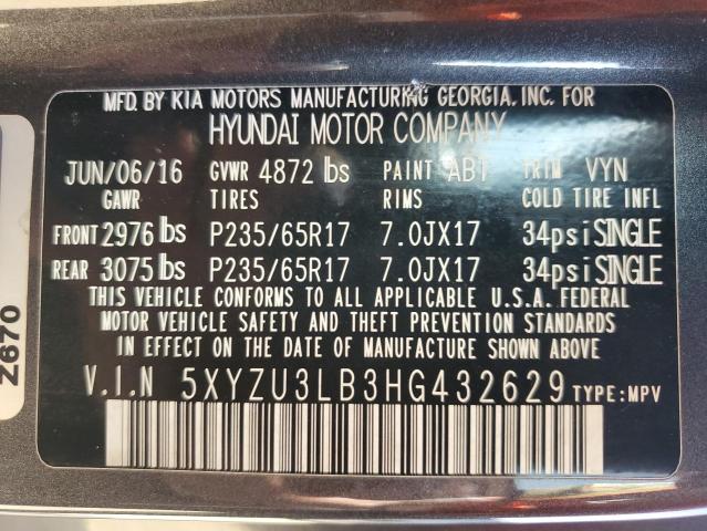 5XYZU3LB3HG432629 - 2017 HYUNDAI SANTA FE S ნაცრისფერი ფოტო 12