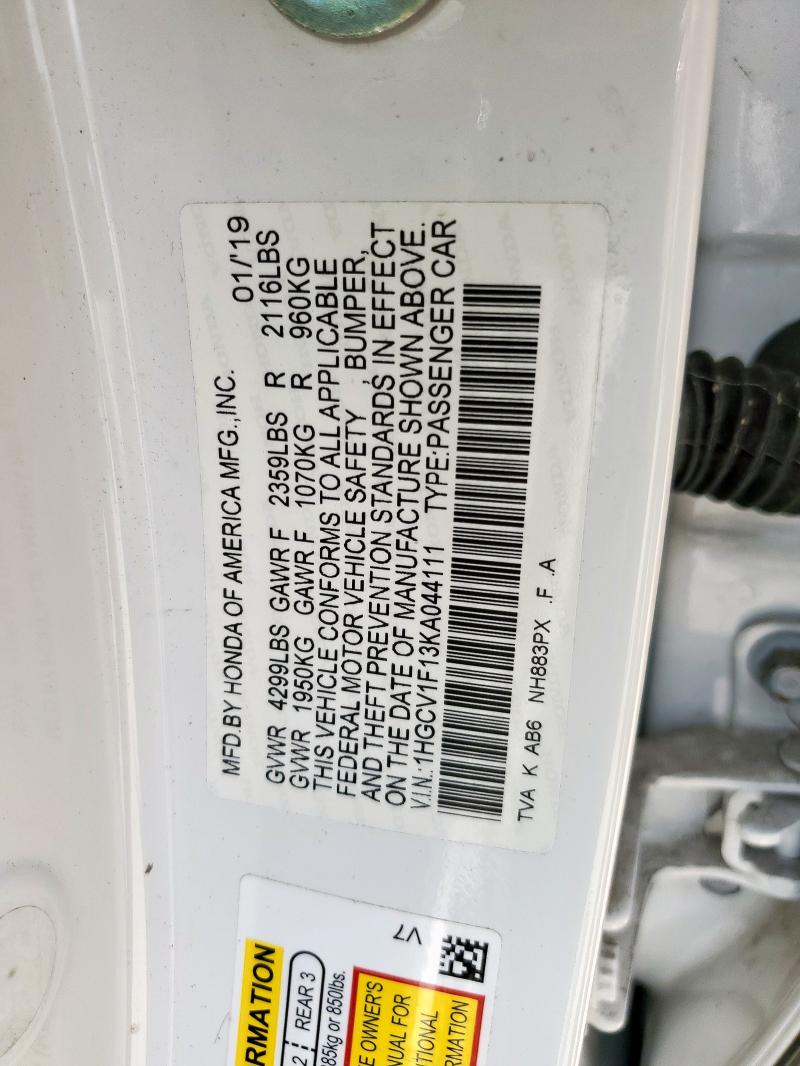1HGCV1F13KA044111 - 2019 HONDA ACCORD LX WHITE photo 12