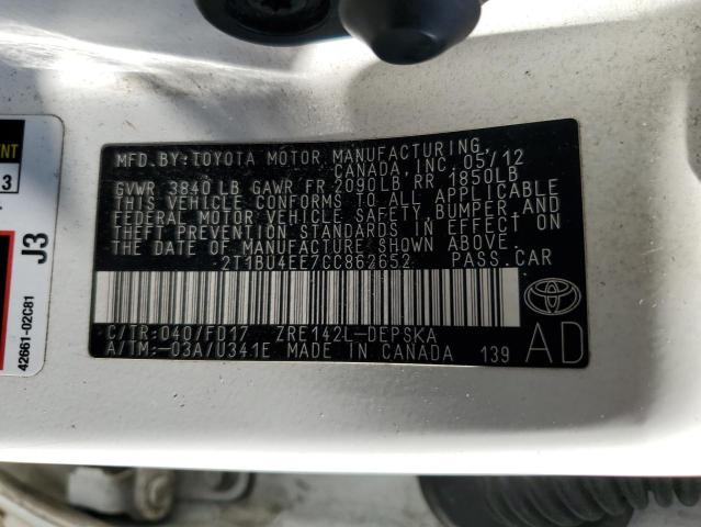 2T1BU4EE7CC862652 - 2012 TOYOTA COROLLA BASE WHITE photo 12