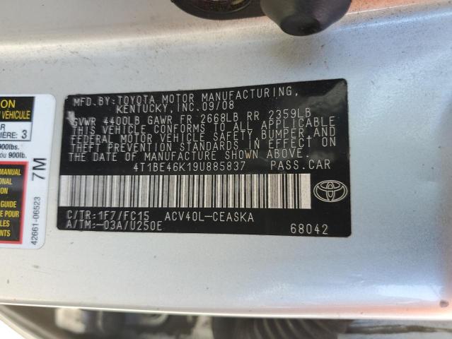 4T1BE46K19U885837 - 2009 TOYOTA CAMRY BASE SILVER photo 12