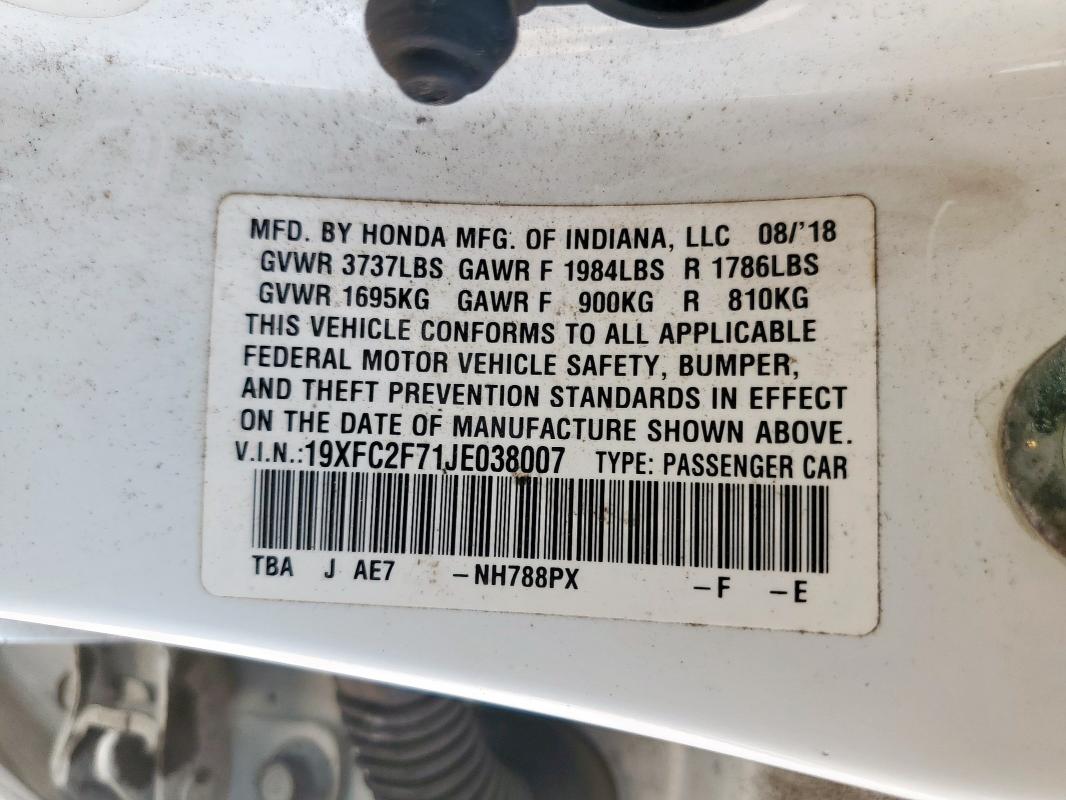 19XFC2F71JE038007 - 2018 HONDA CIVIC EX 白色 照片 12
