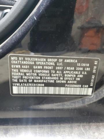 1VWLA7A37KC012608 - 2019 VOLKSWAGEN PASSAT WOLFSBURG Czarny zdjęcie 12