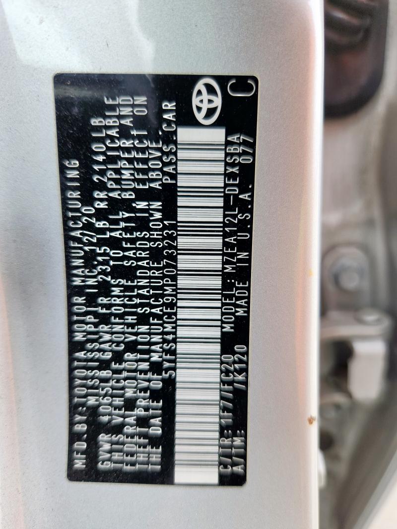 5YFS4MCE9MP073231 - 2021 TOYOTA COROLLA SE ვერცხლისფერი ფოტო 12