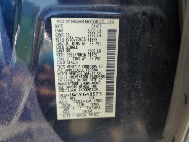 5N1AR18W17C648573 - 2007 NISSAN PATHFINDER LE BLUE photo 13