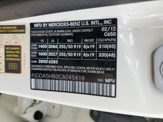 4JGDA5HB0CA045418 - 2012 MERCEDES-BENZ ML 350 4MATIC WHITE photo 12