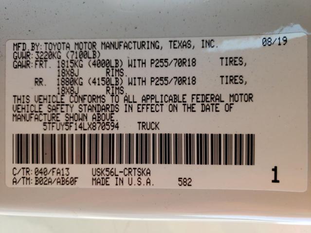 5TFUY5F14LX870594 - 2020 TOYOTA TUNDRA DOUBLE CAB SR/SR5 WHITE photo 13