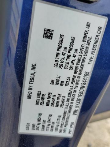 5YJ3E1EB0RF844195 - 2024 TESLA MODEL 3 Синій фото 13