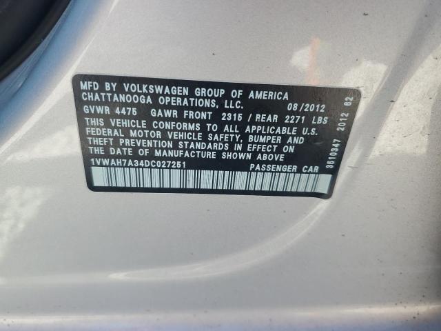 1VWAH7A34DC027251 - 2013 VOLKSWAGEN PASSAT S SILVER photo 12