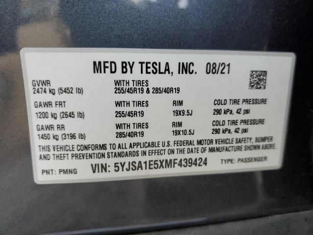 5YJSA1E5XMF439424 - 2021 TESLA MODEL S ნაცრისფერი ფოტო 12