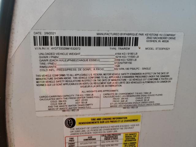 4YDT33329M1532072 - 2021 KEYSTONE SPRINTER WHITE photo 10