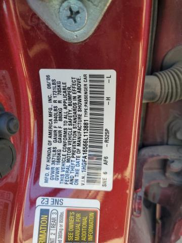 1HGFA16566L113881 - 2006 HONDA CIVIC LX RED photo 12