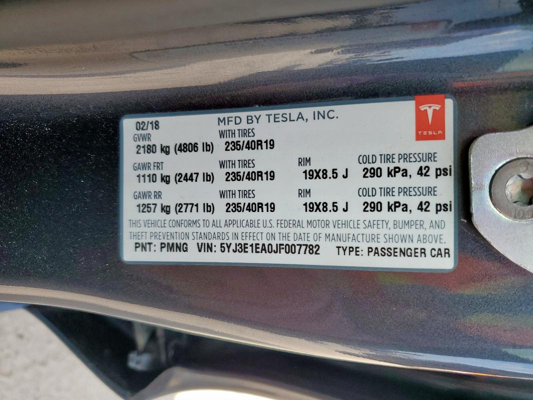 5YJ3E1EA0JF007782 - 2018 TESLA MODEL 3 Gri fotoğraf 12