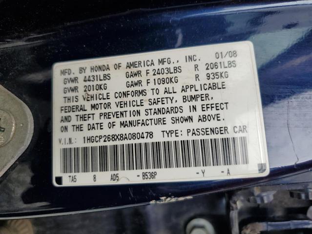 1HGCP268X8A080478 - 2008 HONDA ACCORD EXL BLUE photo 12