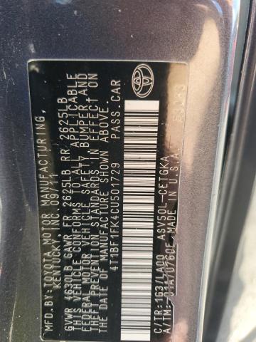 4T1BF1FK4CU501729 - 2012 TOYOTA CAMRY BASE GRAY photo 12