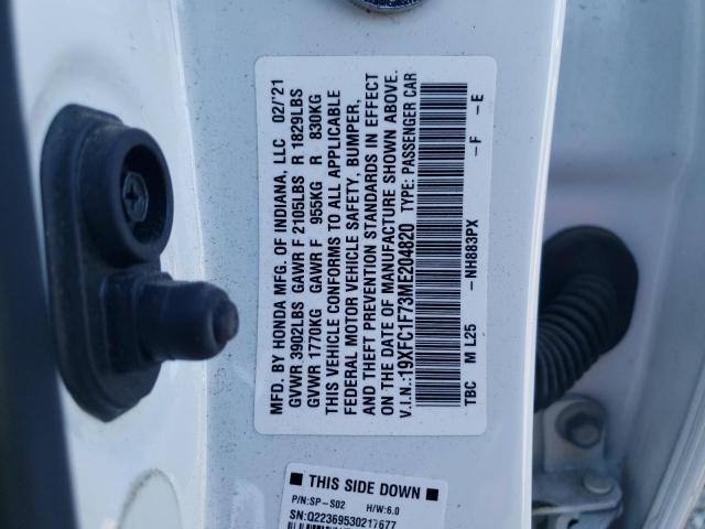 19XFC1F73ME204820 - 2021 HONDA CIVIC EXL 白色 照片 12