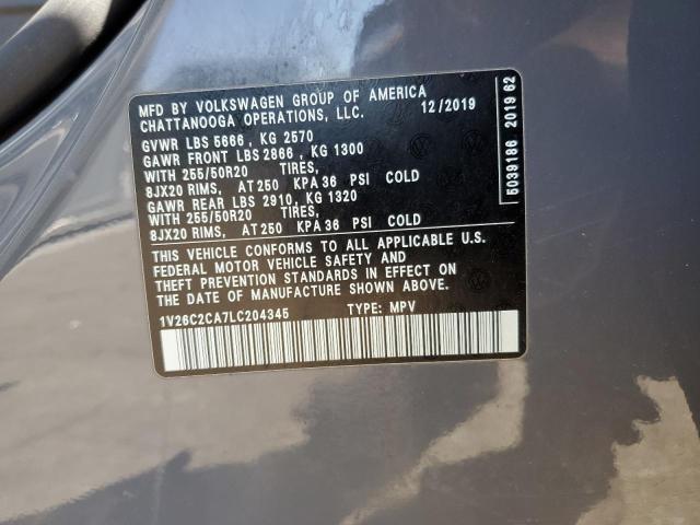 1V26C2CA7LC204345 - 2020 VOLKSWAGEN ATLAS CROS SE Серый фото 13