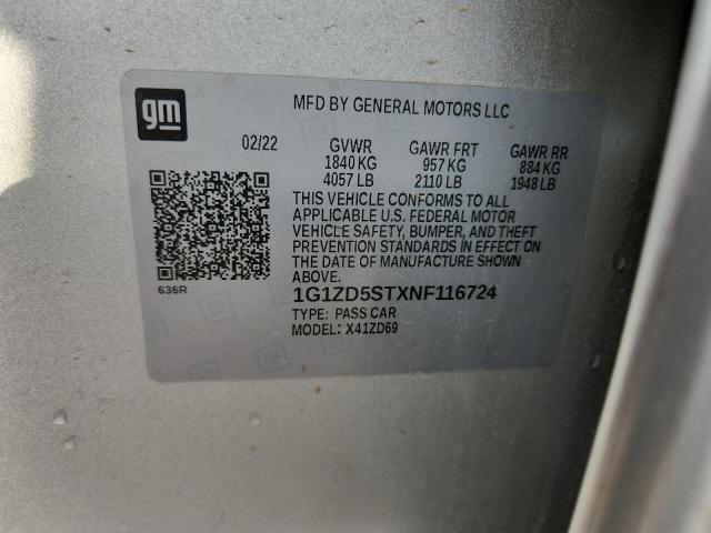 1G1ZD5STXNF116724 - 2022 CHEVROLET MALIBU LT 银色 照片 12