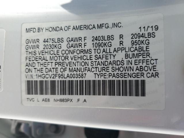 1HGCV2F95LA003587 - 2020 HONDA ACCORD TOURING WHITE photo 12