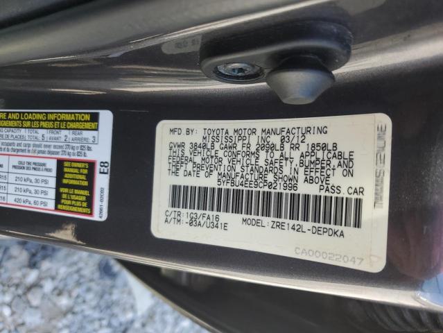 5YFBU4EE9CP021996 - 2012 TOYOTA COROLLA BASE Сұр фото 12