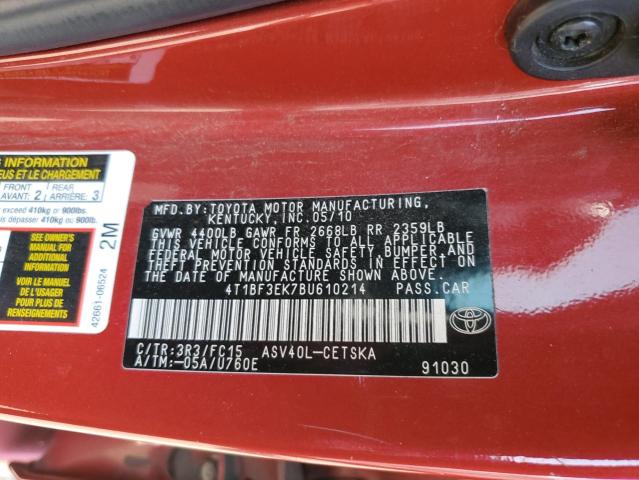 4T1BF3EK7BU610214 - 2011 TOYOTA CAMRY BASE RED photo 12