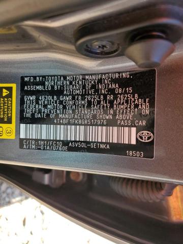 4T4BF1FK8GR517976 - 2016 TOYOTA CAMRY LE CHARCOAL photo 12