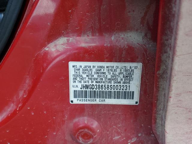 JHMGD38658S003231 - 2008 HONDA FIT SPORT RED photo 12