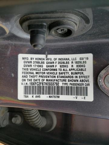 19XFC2F87KE033792 - 2019 HONDA CIVIC SPORT ნაცრისფერი ფოტო 13