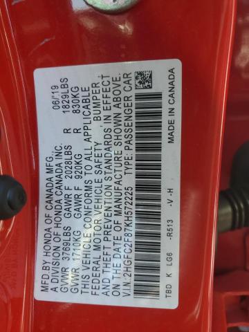 2HGFC2F87KH572225 - 2019 HONDA CIVIC SPORT RED photo 12