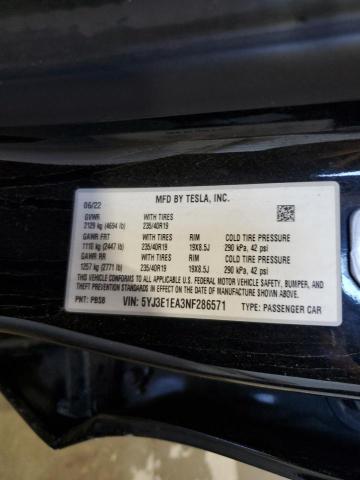 5YJ3E1EA3NF286571 - 2022 TESLA MODEL 3 შავი ფოტო 12