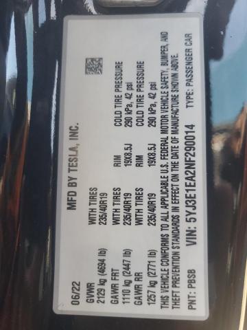 5YJ3E1EA2NF290014 - 2022 TESLA MODEL 3 BLACK photo 12