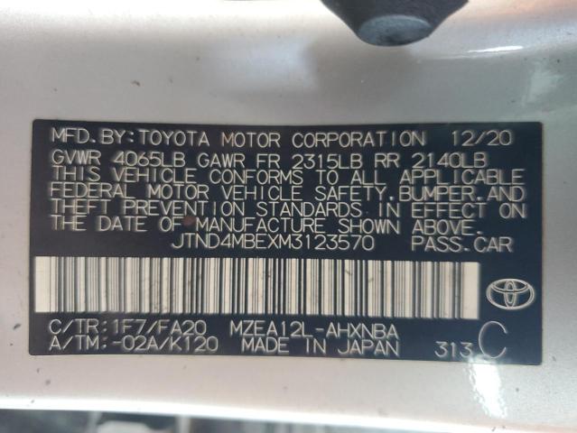 JTND4MBEXM3123570 - 2021 TOYOTA COROLLA SE SILVER photo 12