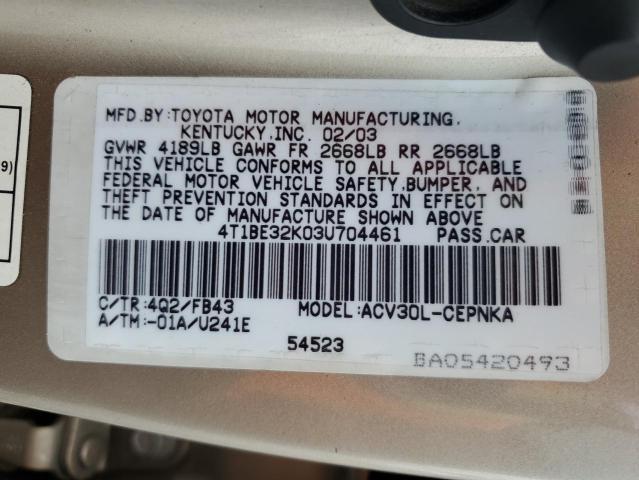 4T1BE32K03U704461 - 2003 TOYOTA CAMRY LE BEIGE photo 12