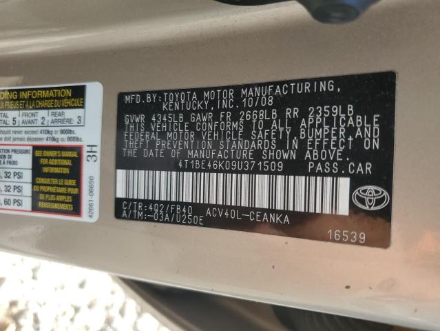4T1BE46K09U371509 - 2009 TOYOTA CAMRY BASE TAN photo 13