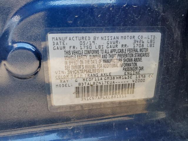 3N1CN7AP6KL881511 - 2019 NISSAN VERSA S 蓝色 照片 12